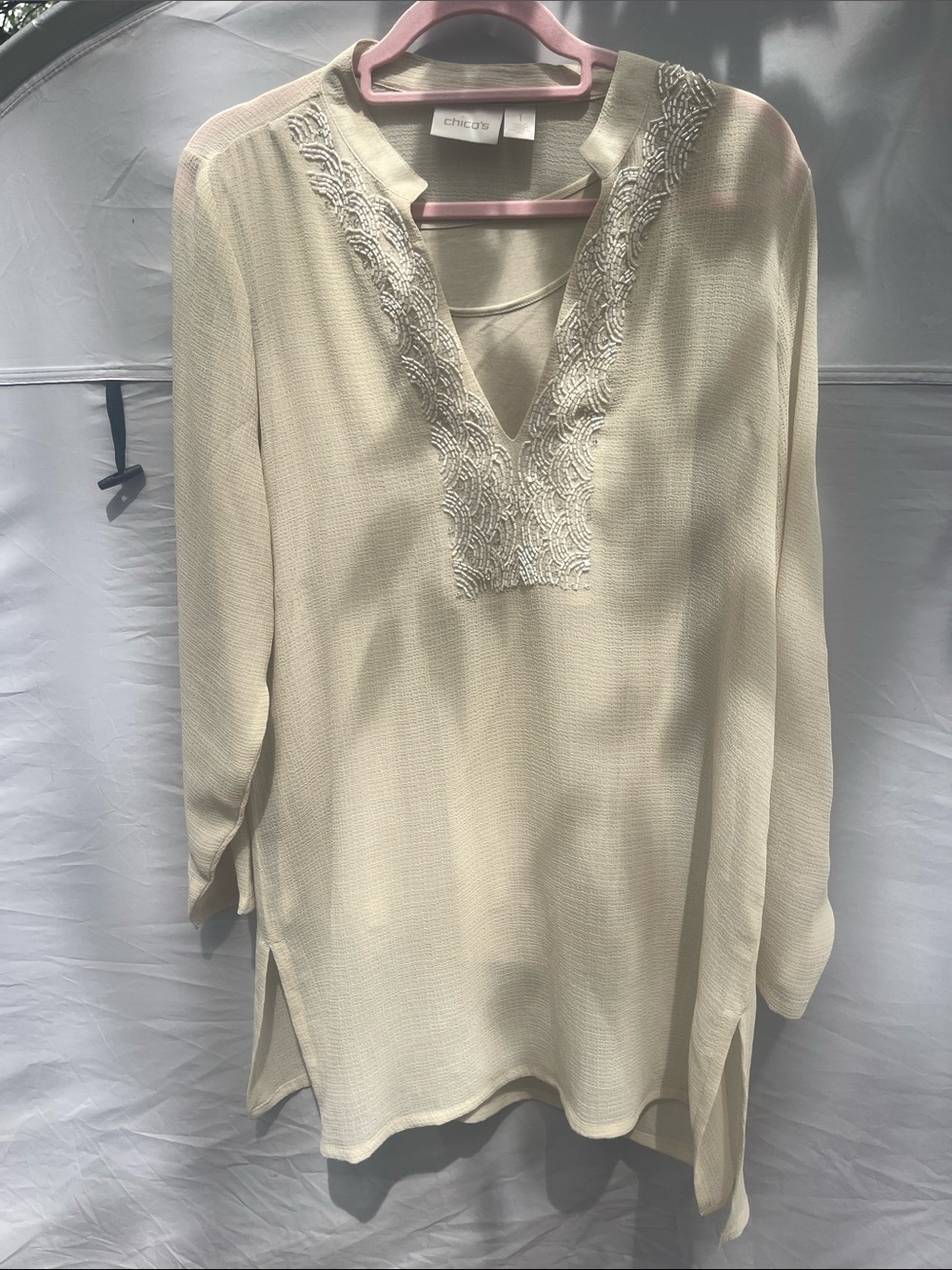 Chico's Cream Embroidered V-Neck Tunic